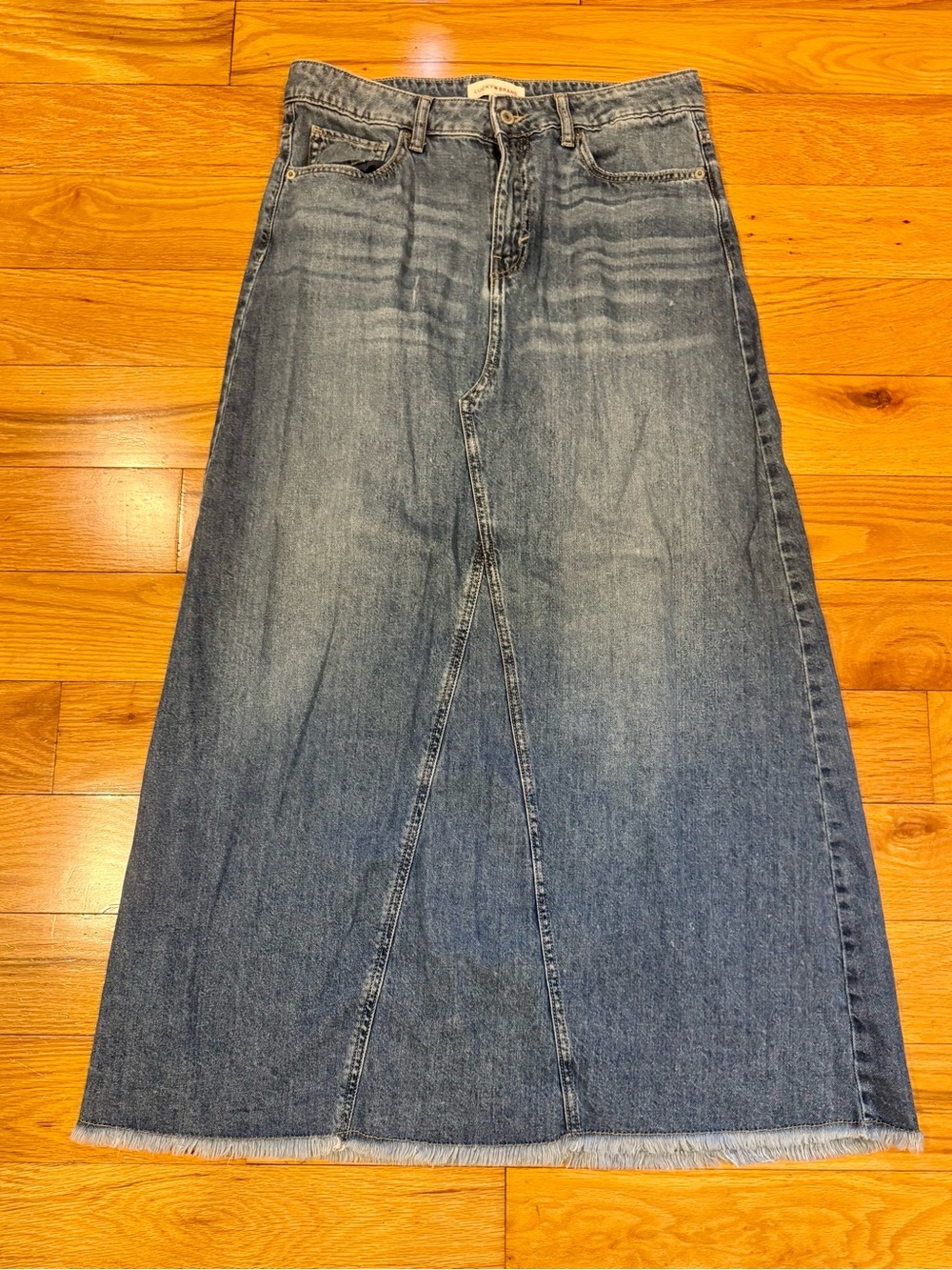 Lucky Brand Blue Denim Maxi Skirt with Frayed Hem